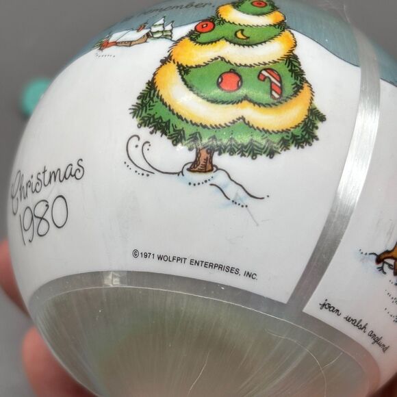 Joan Walsh Anglund Christmas Ornament 1980 Satin Ball Ice Skaters Winter Scene - Picture 6 of 11